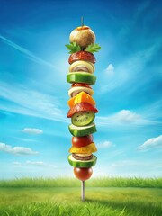 Colorful shish kebab on a summer day with a clear blue sky and green grass