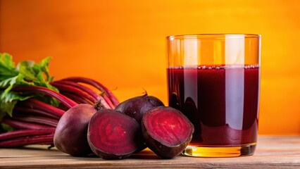 Healthy beets in a glass on a wooden table with a blurred background