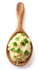 Mashed potatoes with coriander in wooden spoon on white background