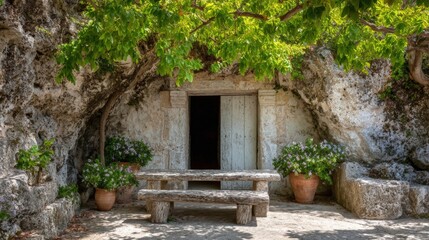 Fototapeta premium Charming Stone Grotto Entrance with Wooden Door, Lush Greenery, and Relaxing Stone Bench, Perfect for Outdoor Retreats