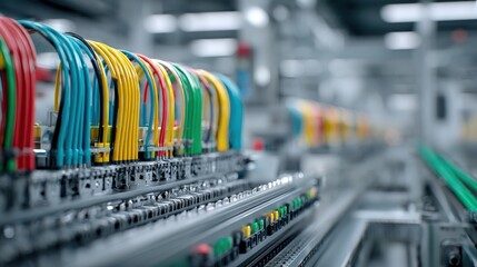 Colorful Electrical Cables Installed in Manufacturing Facility, Demonstrating Modern Technology and Automation for Industrial Applications