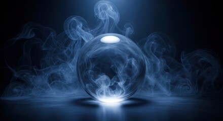 Luminous crystal ball amidst swirling blue smoke on dark. Abstract, magic, science concept.