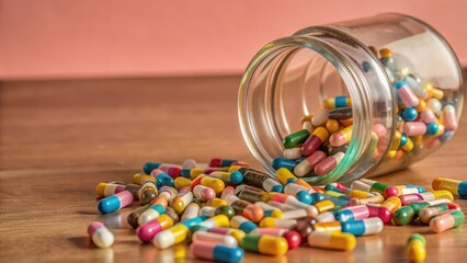close-up view of colorful capsules spilled from a jar on a table