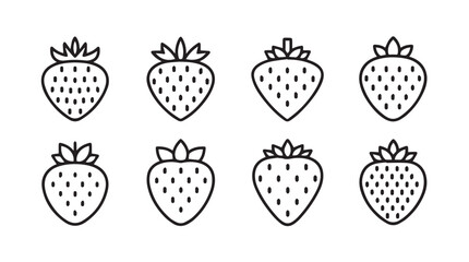 Collection of eight hand drawn strawberry illustrations in a simple black and white silhouette style