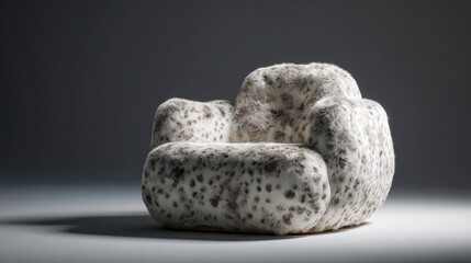 a cozy armchair upholstered in spotted white fluffy fur under soft studio light on a dark background.