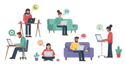 Obraz premium Flat vector illustration set of diverse people working remotely on laptops in a modern workplace concept