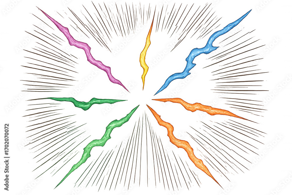 Aufkleber colorful beams expanding from the center on a transparent background with motion lines, ideal for vi