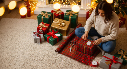 Woman Wrapping Christmas Presents in a Festive Home