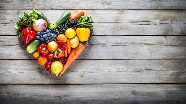 shallow. Fresh vegetables arranged in heart shape on rustic wooden table with warm natural tones and soft lighting. menu design. - Powered by Adobe