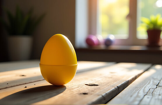 brightly colored plastic easter egg teeters edge rustic wooden table backdrop illuminated soft morning light streaming