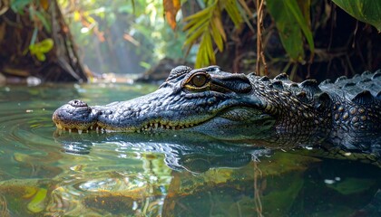 Obraz premium Close-up of a young crocodile in shallow water, surrounded by lush jungle foliage