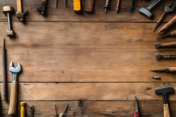 Top down view of wooden workbench with variety of hand tools for diy projects