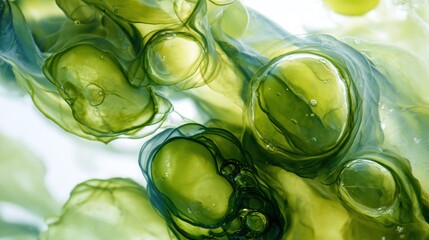 Closeup of green cells with transparent membranes under microscope.