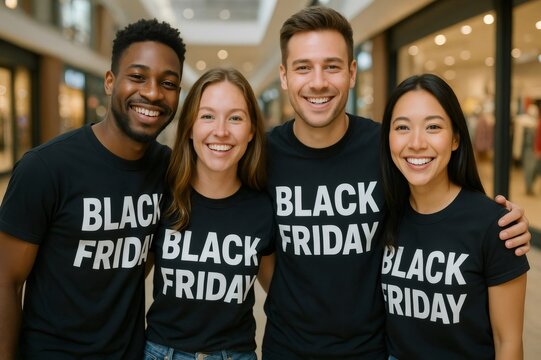 Four friends wearing matching black friday t shirts are smiling in a shopping mall, excited for the sales and deals