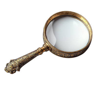Ornate, vintage, gold-toned magnifying glass on black background