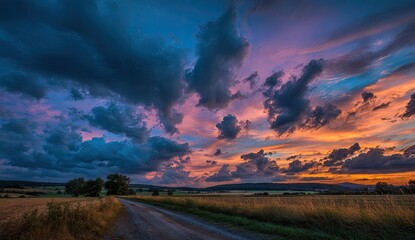 Dramatic sunset over a country road