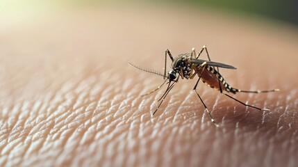 A close-up view of a mosquito perched on human skin, highlighting its delicate features and the texture of the skin. This image captures the insect's behavior during feeding.