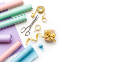 Gift Wrapping Essentials: Pastel Paper, Gold Ribbon, and Wrapped Present