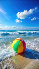 Obraz premium Close-up of colorful inflatable beach ball bouncing in waves on a sunny day at the beach