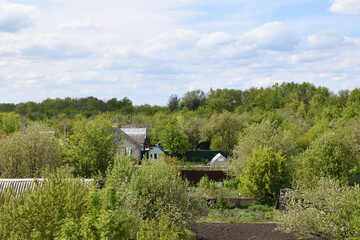 Landscape with roofs of old summer houses in a gardening community, Russia