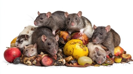 A gathering of playful rats atop a colorful pile of fruits and vegetables, showcasing their inquisitive nature and social behavior in a vibrant, natural setting.