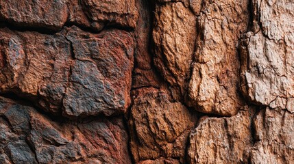 Texture of rough brown stone wall, detailed close-up.