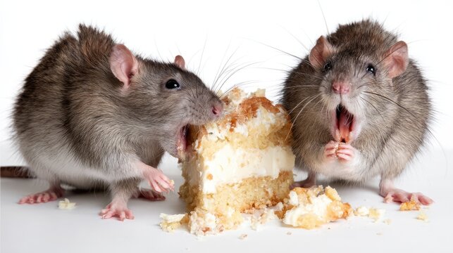 Two curious rats excitedly munch on a piece of cream-filled cake, showcasing their playful nature and love for food in a light-hearted moment captured beautifully.