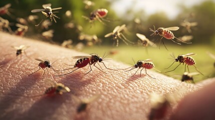 Naklejka premium Close-up of mosquitoes swarming around a person's arm in a lush green outdoor setting, showcasing the challenges of nature and insect interactions in warm weather.