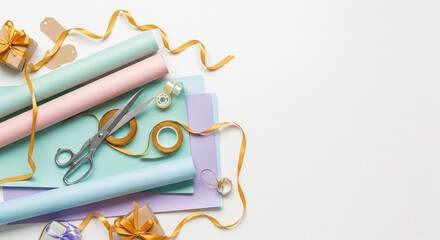 Creative Gift Wrapping Supplies with Pastel Colors on White Background