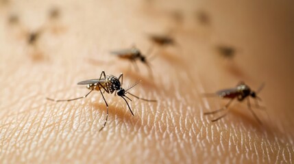 Close-up of a mosquito on skin, highlighting the challenges posed by these pests. Captures the reality of insect bites that affect health and wellbeing in various environments.