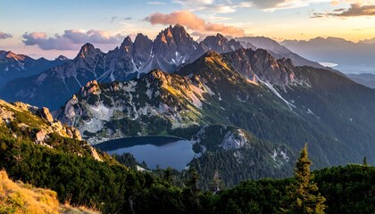 A serene alpine landscape showcases a tranquil lake nestled amidst towering peaks at golden hour.