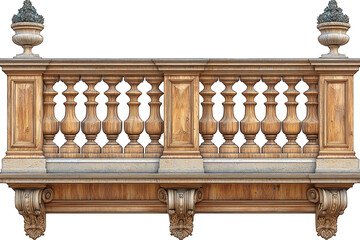 Ornate wood balcony with carved balusters & stone base against black background