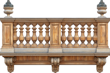 Ornate wood balcony with carved balusters & stone base against black background