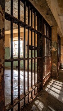 Abandoned prison cell interior with rusty bars