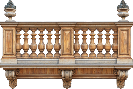 Ornate wood balcony with carved balusters & stone base against black background