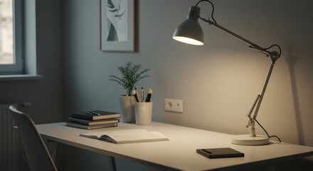 Cozy and functional home office desk featuring a task lamp casting a warm glow on an open book and study essentials, perfect for a productive work session