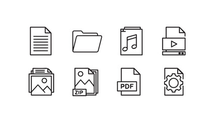 Collection of simple line art icons representing different file types and documents silhouette