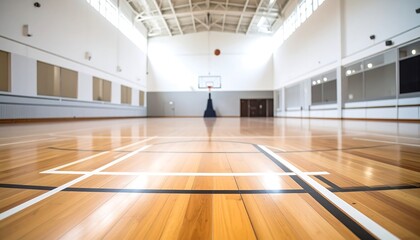 Empty Indoor Basketball Court with Polished Wooden Floor and Bright Lighting.