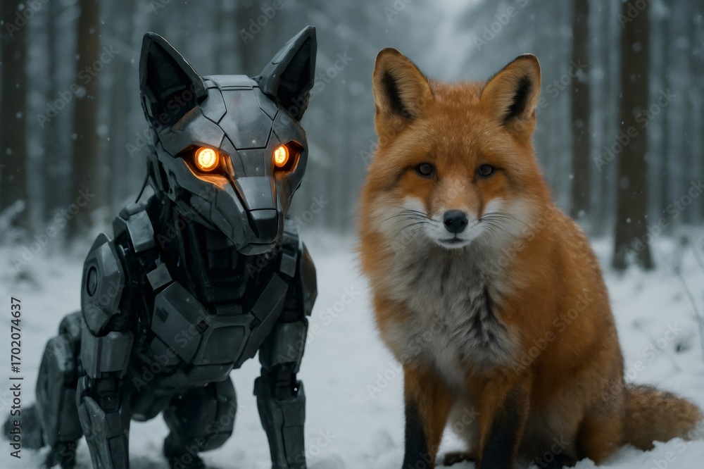 Poster robotic fox and a real fox are standing together in a snowy forest, creating a striking contrast bet
