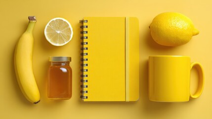 Top-down view of yellow items including a banana, lemons, a jar of honey, a notebook, and a mug on a yellow background.