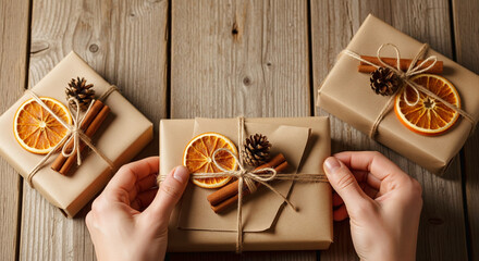 Hands Holding Rustic Holiday Gift with Natural Decorations