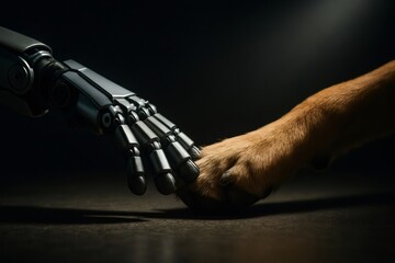 Robotic hand making contact with a dog paw, symbolizing the connection between technology and nature