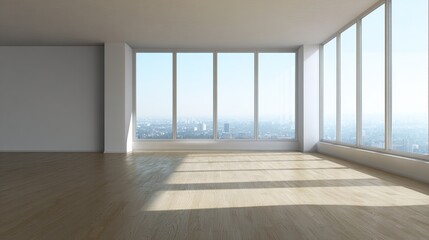 Fototapeta premium Minimalist empty room featuring a large window, filled with soft ambient daylight for a modern interior feel.