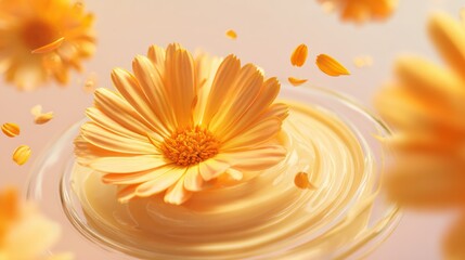 Yellow flower petals splashing into creamy liquid, soft cosmetic concept.
