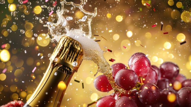 Celebratory Champagne Bottle Opening with Red Grapes and Sparkling Bubbles in Golden Background