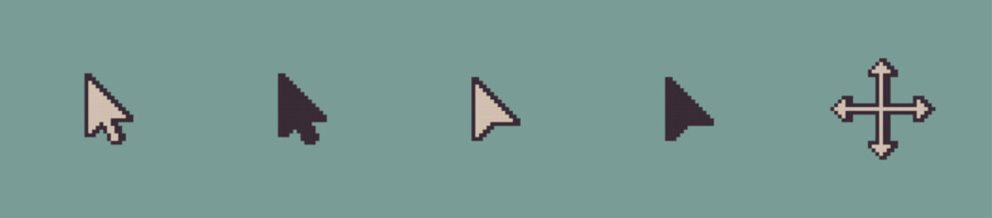 Retro Pixel Arrow Cursor Icons Set with Mouse Pointers and Move Tool for UI UX Design and Digital Interfaces