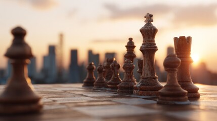Strategic Skyline: Chess Pieces at Sunset