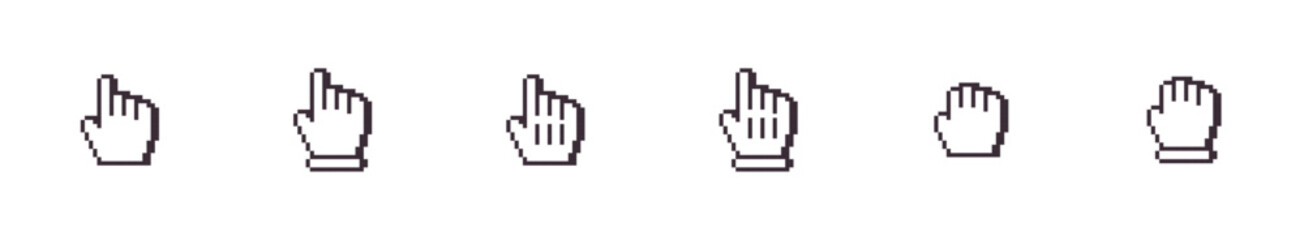 Retro Pixel Hand Cursor Icons Set with Pointing and Clicking Mouse Hands for UI UX Design and Retro Games