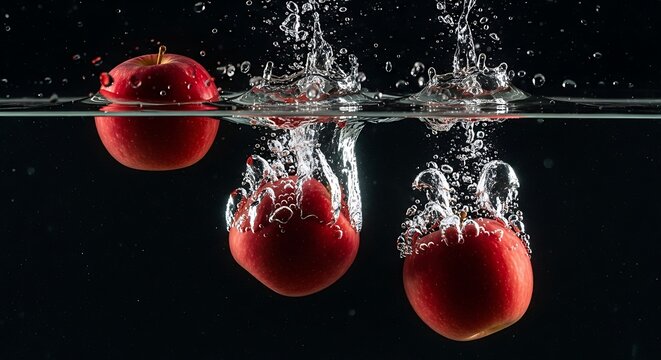 Apples plunging into water creating splash and bubbles.