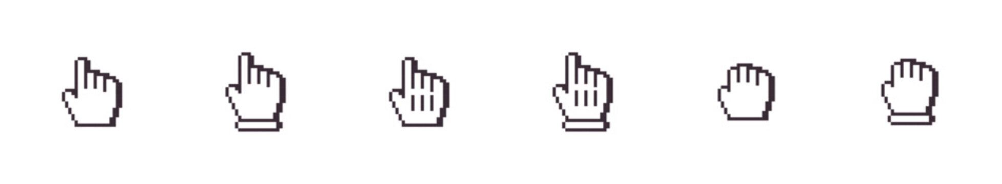 Retro Pixel Hand Cursor Icons Set with Pointing and Clicking Mouse Hands for UI UX Design and Retro Games